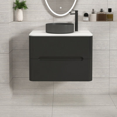 Royal Bathrooms Venice 700mm Matt Nocturne Black Wall Mounted Bathroom Countertop Vanity Unit 2 Drawer With Art Round Basin - image 1