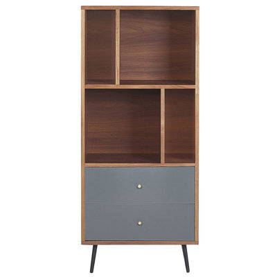 Beliani Aurora Home Bookcase - Dark Walnut Painted Mdf With Grey Accents, 139 X 60 X 40 Cm, 4 Shelves, 2 Drawers, Modern Retro Storage - image 1