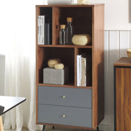 Beliani Aurora Home Bookcase - Dark Walnut Painted Mdf With Grey Accents, 139 X 60 X 40 Cm, 4 Shelves, 2 Drawers, Modern Retro Storage - thumbnail 2