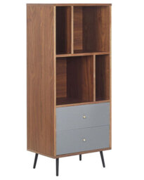 Beliani Aurora Home Bookcase - Dark Walnut Painted Mdf With Grey Accents, 139 X 60 X 40 Cm, 4 Shelves, 2 Drawers, Modern Retro Storage - thumbnail 3