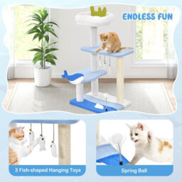 Costway Ocean-Themed Cat Tree 3-Level Cat Tower W/ Sisal Covered Scratching Posts Cat Activity Center - thumbnail 3