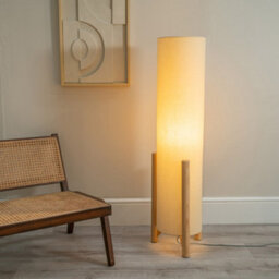 Valuelights Henry Wooden Oak Effect Midi Floor Lamp With Natural Cylinder Shade - Led Bulb Included