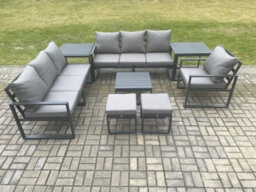 Fimous Aluminium 9 Seater Outdoor Garden Furniture Lounge Sofa Set With Square Coffee Table Chair Footstools 2 Side Table - thumbnail 2