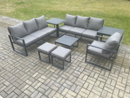 Fimous Aluminium 9 Seater Outdoor Garden Furniture Lounge Sofa Set With Square Coffee Table Chair Footstools 2 Side Table - thumbnail 1