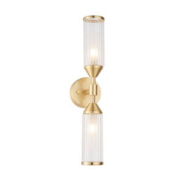 Satin Brass Twin Wall Light & Ribbed Glass Shades - Frosted Glass Inner Defusers - thumbnail 1