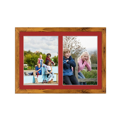 AK Frames 20X14 Rustic Oak Modern Multi Photo Frame With Crimson Mount - Holds 2 Apertures (2X) A4 Photos - image 1