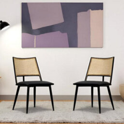 Dining Chairs Set Of 2, Upholstered Dining Chair With Rattan Backrest And Metal Frame (Black)