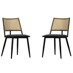 Dining Chairs Set Of 2, Upholstered Dining Chair With Rattan Backrest And Metal Frame (Black) - thumbnail 3