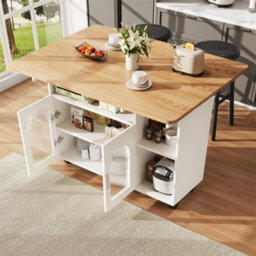 Abrihome Multifunctional Kitchen Island & Buffet Cabinet With Storage, Removable Serving Trolley, Dining Table With Storage Space, White - thumbnail 9