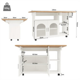 Abrihome Multifunctional Kitchen Island & Buffet Cabinet With Storage, Removable Serving Trolley, Dining Table With Storage Space, White - thumbnail 5
