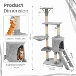 Wadan Cat Tree Tower With Condos, Ladder & Scratching Posts 138Cm Multilevel Cat Activity Centre For Large & Small Cats, Grey - thumbnail 2