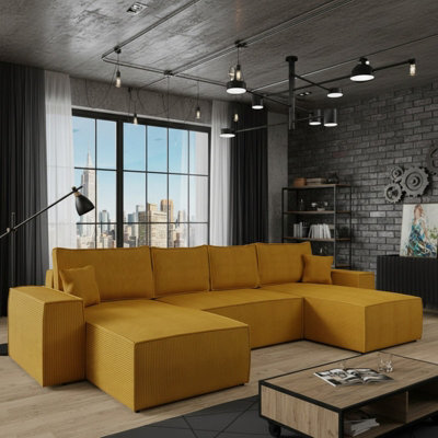 Malaga U Mdf Upholstered Living Room Corner Sofa Bed With Storage Free Standing Backrest 370X181X94Cm Mustard Corduroy - image 1