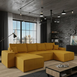 Malaga U Mdf Upholstered Living Room Corner Sofa Bed With Storage Free Standing Backrest 370X181X94Cm Mustard Corduroy