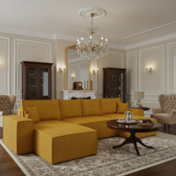 Malaga U Mdf Upholstered Living Room Corner Sofa Bed With Storage Free Standing Backrest 370X181X94Cm Mustard Corduroy - thumbnail 2