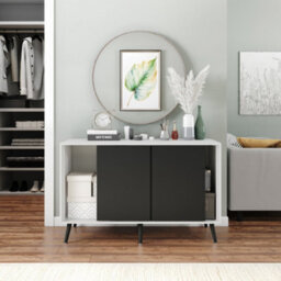 Urbn-Living Urbnliving 3-Door Sliding Cabinet Sideboard White Carcass With Black Doors Storage Organiser Home Cupboard Black Wooden Legs - thumbnail 4