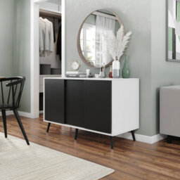 Urbn-Living Urbnliving 3-Door Sliding Cabinet Sideboard White Carcass With Black Doors Storage Organiser Home Cupboard Black Wooden Legs - thumbnail 2