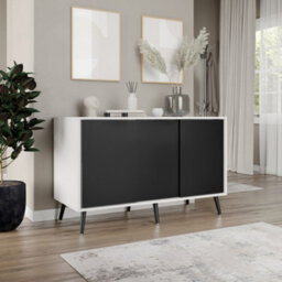 Urbn-Living Urbnliving 3-Door Sliding Cabinet Sideboard White Carcass With Black Doors Storage Organiser Home Cupboard Black Wooden Legs - thumbnail 3