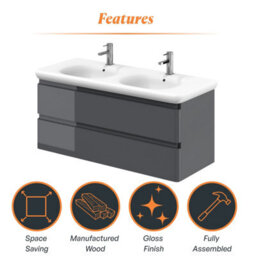 Plum&clay Marvel Gloss Dark Grey Wall Hung Bathroom Vanity Unit With Round Resin Basin (W)1200mm - thumbnail 5