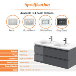 Plum&clay Marvel Gloss Dark Grey Wall Hung Bathroom Vanity Unit With Round Resin Basin (W)1200mm - thumbnail 4