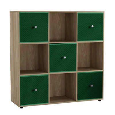 Urbn-Living 9 Cube Oak Wooden Bookcase Shelving Unit With 5 Collapsible Fabric Drawers Green - image 1