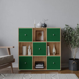 Urbn-Living 9 Cube Oak Wooden Bookcase Shelving Unit With 5 Collapsible Fabric Drawers Green - thumbnail 2