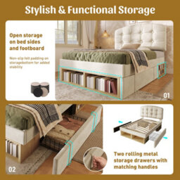 Matteo Beige Upholstered 3Ft Single Bed Frame With Storage Drawers And Adjustable Headboard - thumbnail 4