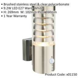 Contemporary Outdoor Wall Light With Pir - 9.2W Warm White Led - Brushed Steel - thumbnail 2