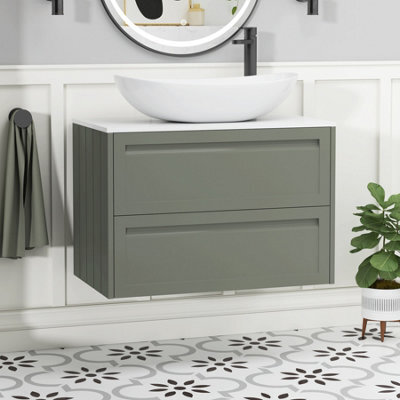 Royal Bathrooms Royal Bathroom Elmore 800mm Matt Green Wall Mounted Bathroom Vanity Unit 2 Drawer Plain White Worktop With Cesar Basin - image 1