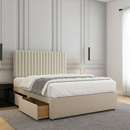 REGIONAL FURNISHINGS Divan Bed Set Cream Plush Velvet Upholstered With 24Inch Headboard 2Drawersfootend & Mattress In 4Ft 4Ft6 5Ft 6Ft Sizes