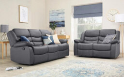 Roma Leather Manual Recliner 3+2 Seater Sofa With Cupholders In Grey Colour - thumbnail 1