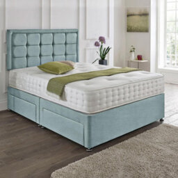 Dining Tables Dallas Matching Headboard Divan Set, 2 Drawer On Same Side With Sprung 1500 Comfort Mattress - Chenille Pale Blue - King - thumbnail 1