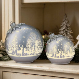 Xample Glass Rotating Ball Ornaments Set Of 2, Led Christmas Decorations, Etched Winter Forest Design, Aa Batteries Included - thumbnail 2