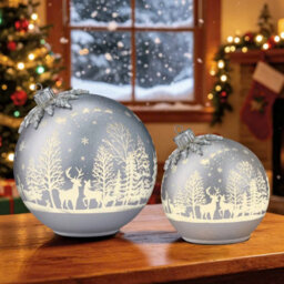 Xample Glass Rotating Ball Ornaments Set Of 2, Led Christmas Decorations, Etched Winter Forest Design, Aa Batteries Included - thumbnail 1