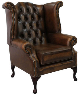 Chesterfield High Back Wing Chair Antique Tan Leather In Queen Anne Style - image 1