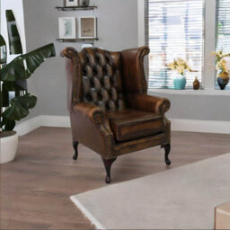Chesterfield High Back Wing Chair Antique Tan Leather In Queen Anne Style - thumbnail 2