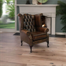 Chesterfield High Back Wing Chair Antique Tan Leather In Queen Anne Style - thumbnail 4