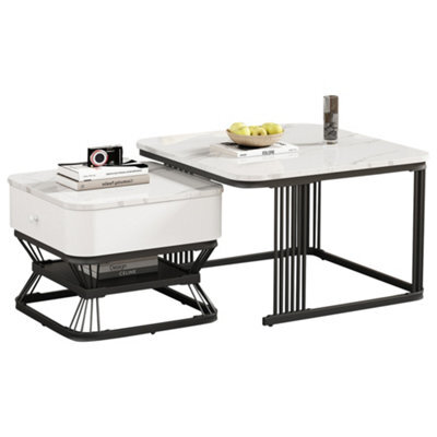 Set Of 2 Square Nesting Coffee Tables With Marble Effect Tops, Drawer, Storage Shelf And Black Metal Frames, White - image 1