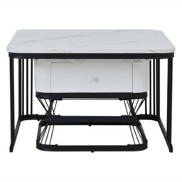 Set Of 2 Square Nesting Coffee Tables With Marble Effect Tops, Drawer, Storage Shelf And Black Metal Frames, White - thumbnail 4
