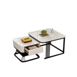 Set Of 2 Square Nesting Coffee Tables With Marble Effect Tops, Drawer, Storage Shelf And Black Metal Frames, White - thumbnail 3