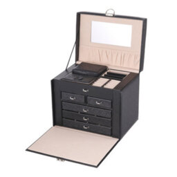 Living And Home Black Large Multi Tier Faux Leather Jewellery Storage Box With Handle Key Lockable - thumbnail 4