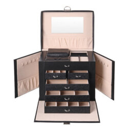Living And Home Black Large Multi Tier Faux Leather Jewellery Storage Box With Handle Key Lockable - thumbnail 3
