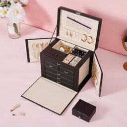 Living And Home Black Large Multi Tier Faux Leather Jewellery Storage Box With Handle Key Lockable - thumbnail 2