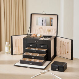 Living And Home Black Large Multi Tier Faux Leather Jewellery Storage Box With Handle Key Lockable