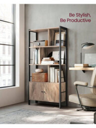 LEDREM Bookshelf, Storage Shelf, Large Bookcase With Doors, 4 Shelves, Steel Structure, Industrial Style, For Living Room - thumbnail 2
