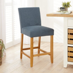 The Furniture Market Monty Blue Fabric Bar Stool Modern Minimalist Design Natural Oak Solid Wood Legs Comfortable Foam Seat Kitchen Counter Stool