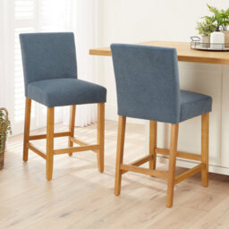 The Furniture Market Monty Blue Fabric Bar Stool Modern Minimalist Design Natural Oak Solid Wood Legs Comfortable Foam Seat Kitchen Counter Stool - thumbnail 3