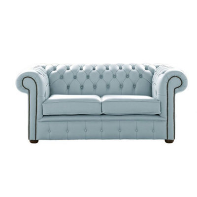 Chesterfield 2 Seater Shelly Parlour Blue Leather Sofa Settee Bespoke In Classic Style - image 1