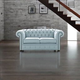 Chesterfield 2 Seater Shelly Parlour Blue Leather Sofa Settee Bespoke In Classic Style - thumbnail 2