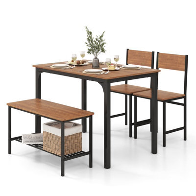 Gainoom 4-Piece Teak Brown Dining Table Set Space-Saving Kitchen Table & Bench - image 1