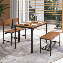 Gainoom 4-Piece Teak Brown Dining Table Set Space-Saving Kitchen Table & Bench - thumbnail 6